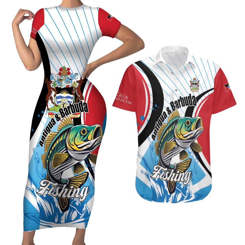 Personalized Antigua and Barbuda Fishing Couples Matching Short Sleeve Bodycon Dress and Hawaiian Shirt Sporty Style