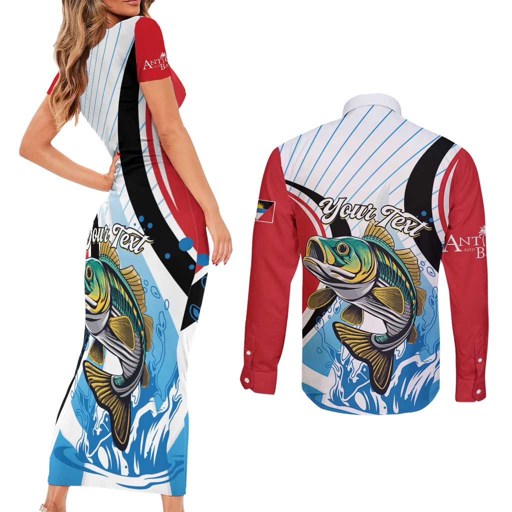 Personalized Antigua and Barbuda Fishing Couples Matching Short Sleeve Bodycon Dress and Long Sleeve Button Shirt Sporty Style