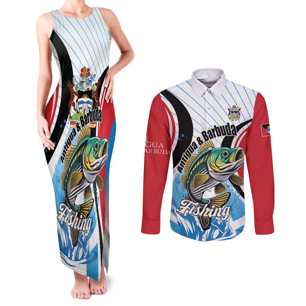 Personalized Antigua and Barbuda Fishing Couples Matching Tank Maxi Dress and Long Sleeve Button Shirt Sporty Style