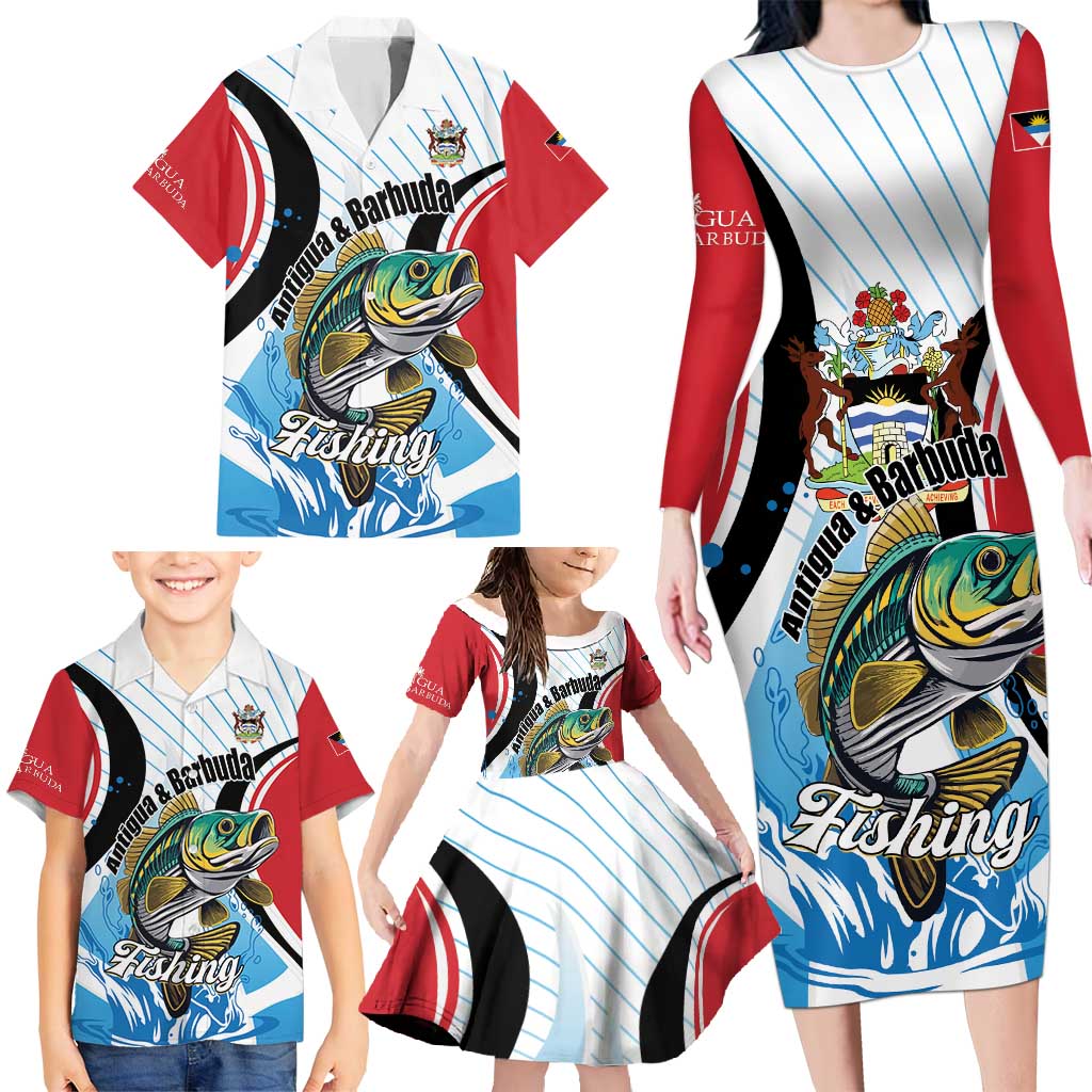 Personalized Antigua and Barbuda Fishing Family Matching Long Sleeve Bodycon Dress and Hawaiian Shirt Sporty Style