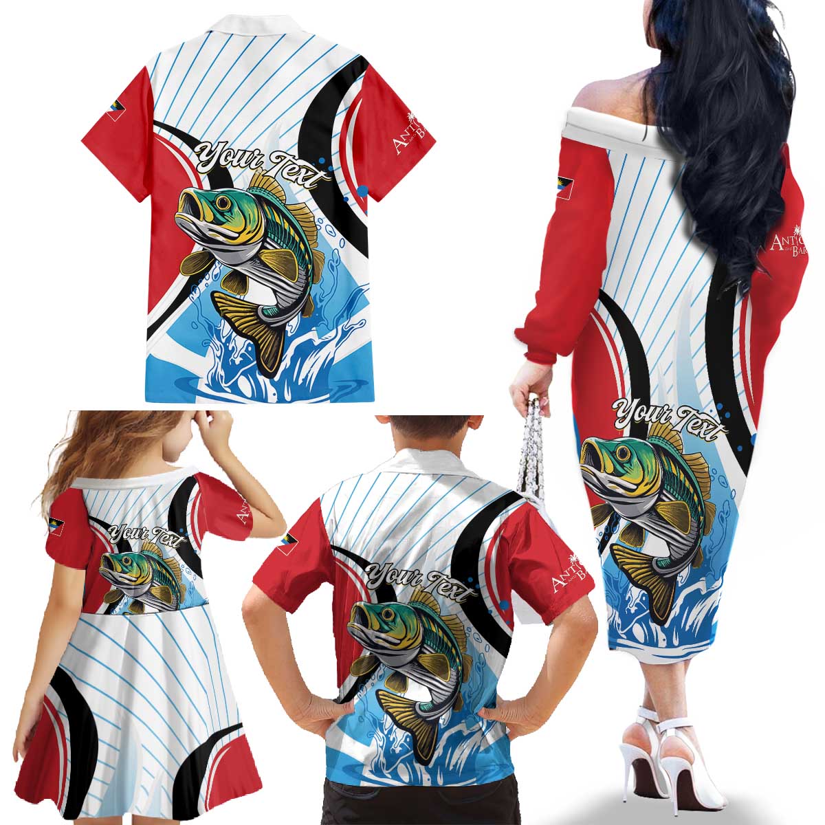 Personalized Antigua and Barbuda Fishing Family Matching Off The Shoulder Long Sleeve Dress and Hawaiian Shirt Sporty Style