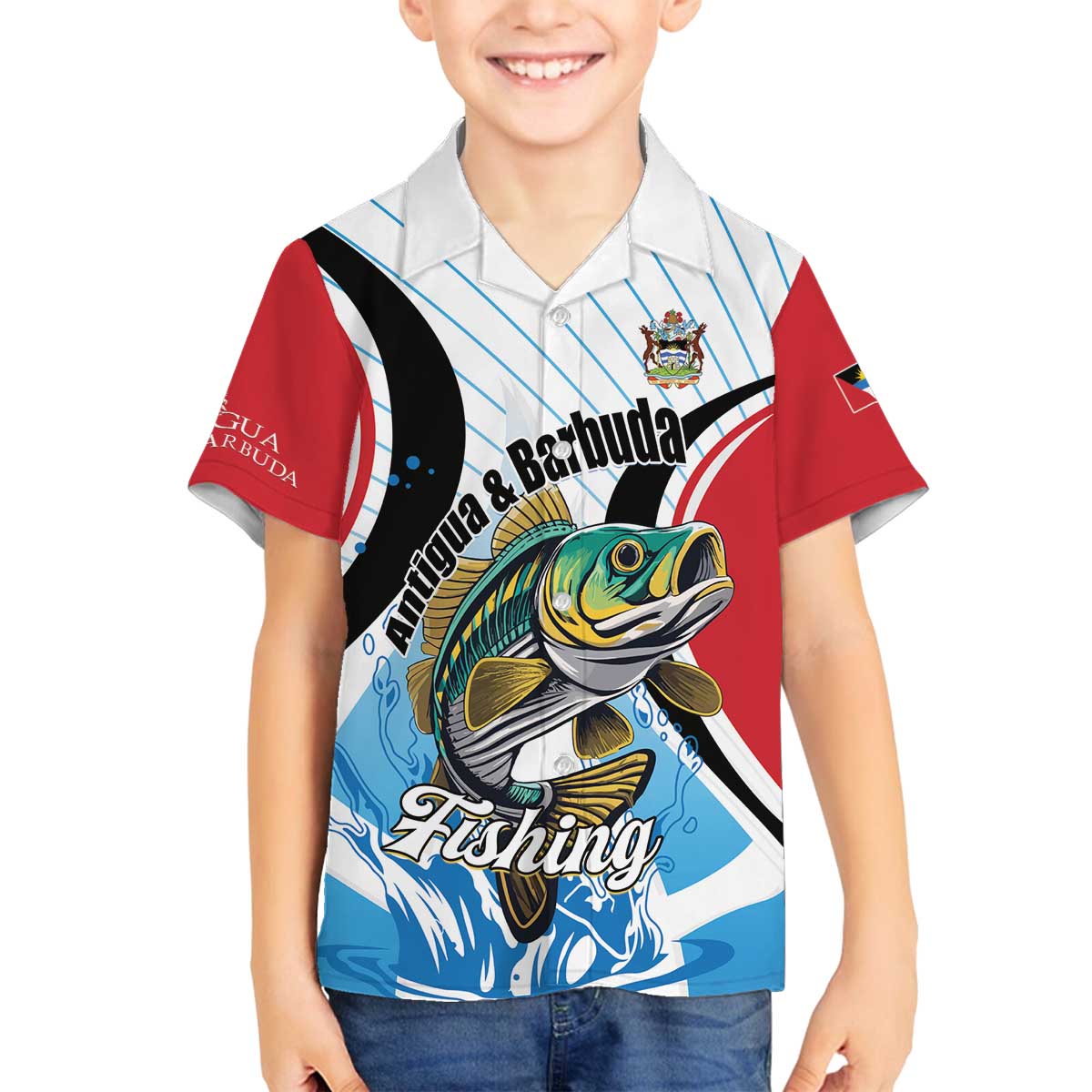 Personalized Antigua and Barbuda Fishing Family Matching Off The Shoulder Long Sleeve Dress and Hawaiian Shirt Sporty Style