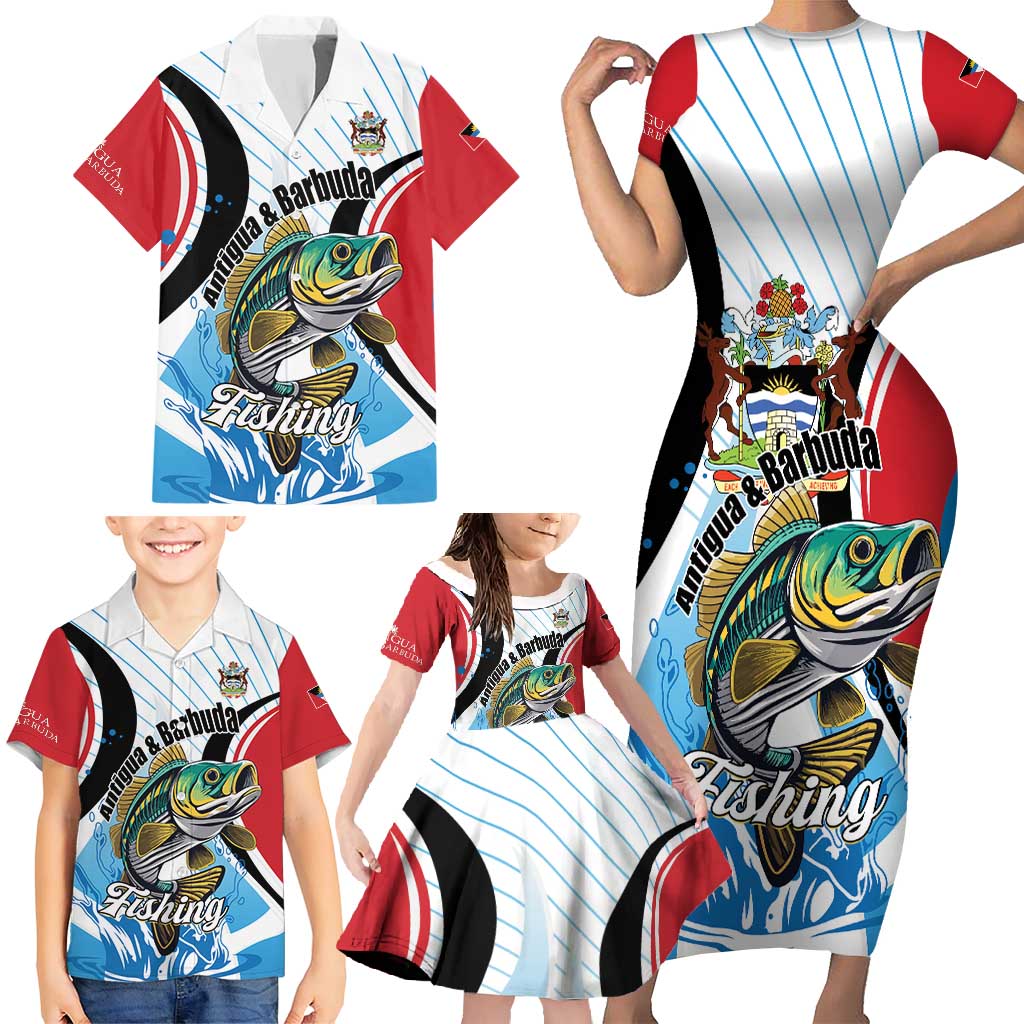 Personalized Antigua and Barbuda Fishing Family Matching Short Sleeve Bodycon Dress and Hawaiian Shirt Sporty Style