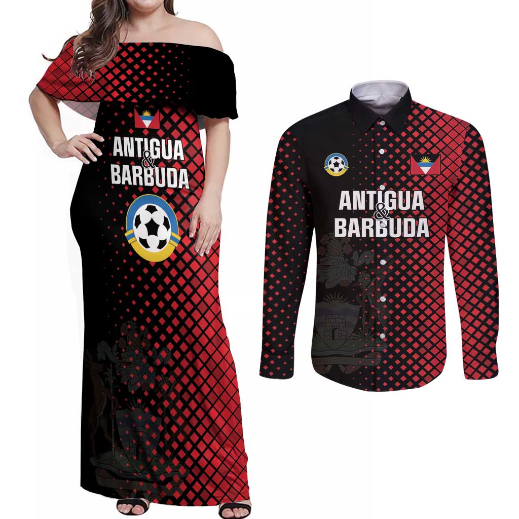 Custom Football Antigua and Barbuda Couples Matching Off Shoulder Maxi Dress and Long Sleeve Button Shirt The Benna Boys Go Champions