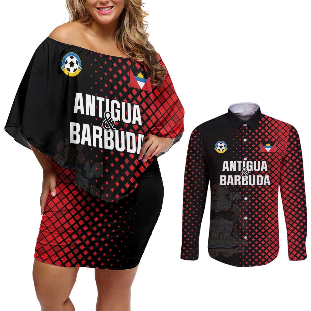 Custom Football Antigua and Barbuda Couples Matching Off Shoulder Short Dress and Long Sleeve Button Shirt The Benna Boys Go Champions