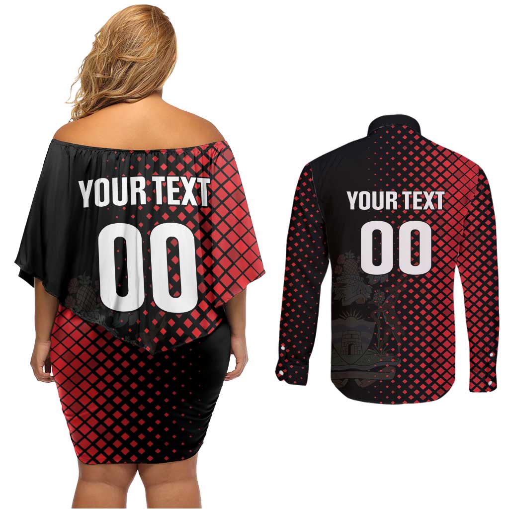 Custom Football Antigua and Barbuda Couples Matching Off Shoulder Short Dress and Long Sleeve Button Shirt The Benna Boys Go Champions