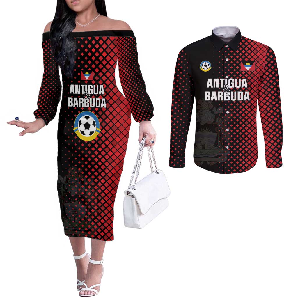 Custom Football Antigua and Barbuda Couples Matching Off The Shoulder Long Sleeve Dress and Long Sleeve Button Shirt The Benna Boys Go Champions