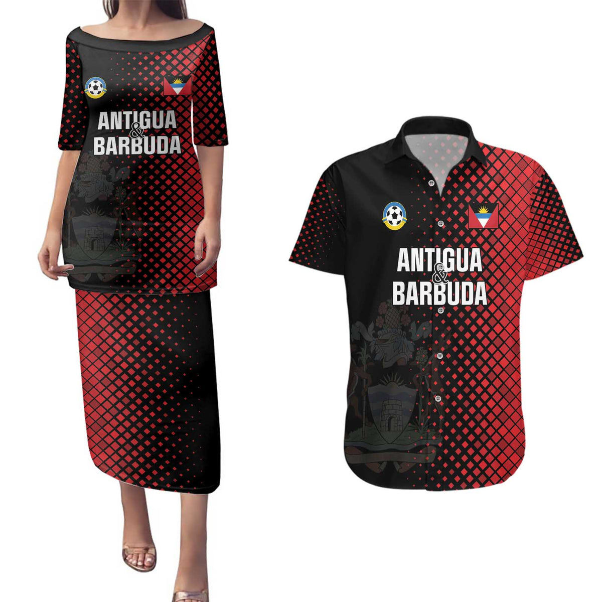 Custom Football Antigua and Barbuda Couples Matching Puletasi and Hawaiian Shirt The Benna Boys Go Champions