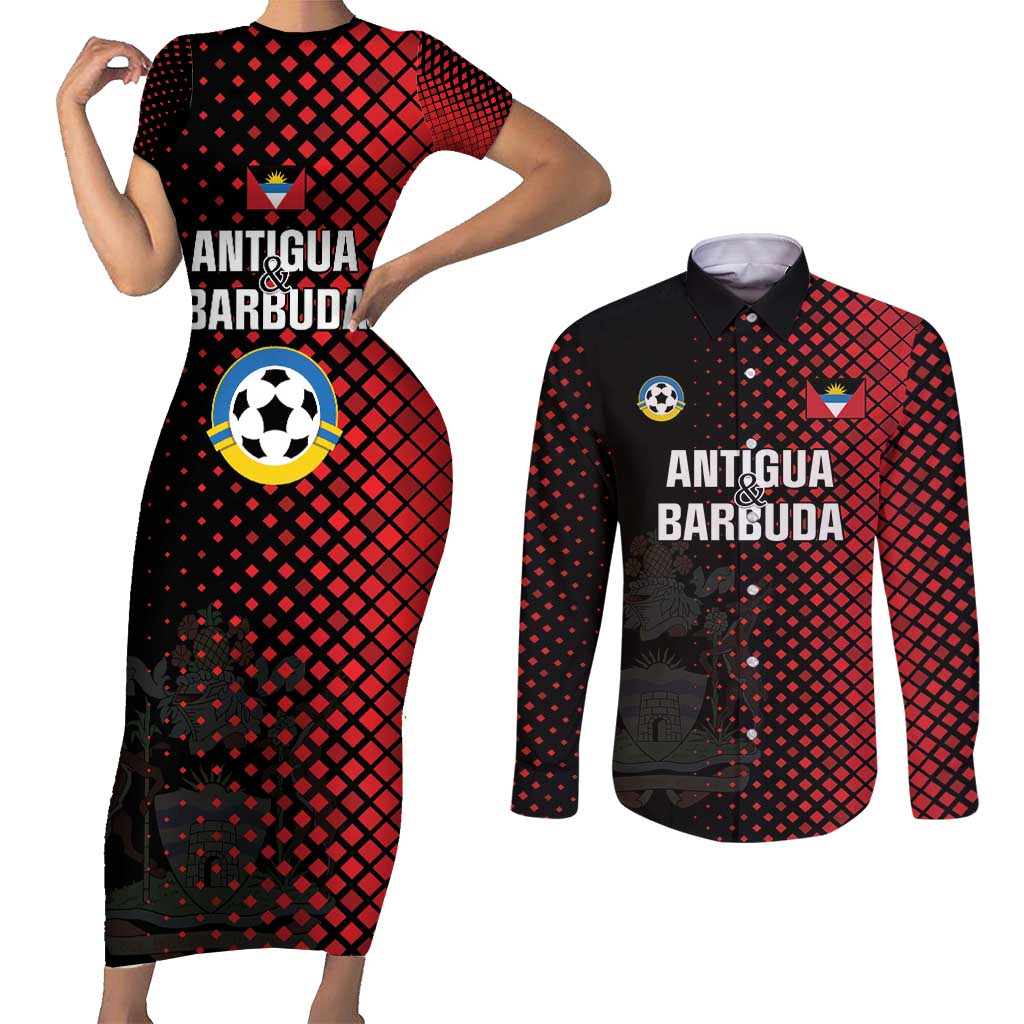 Custom Football Antigua and Barbuda Couples Matching Short Sleeve Bodycon Dress and Long Sleeve Button Shirt The Benna Boys Go Champions