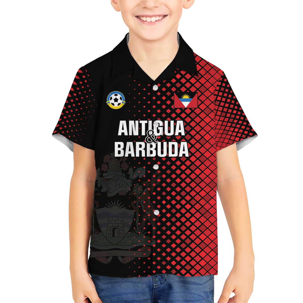 Custom Football Antigua and Barbuda Family Matching Off The Shoulder Long Sleeve Dress and Hawaiian Shirt The Benna Boys Go Champions