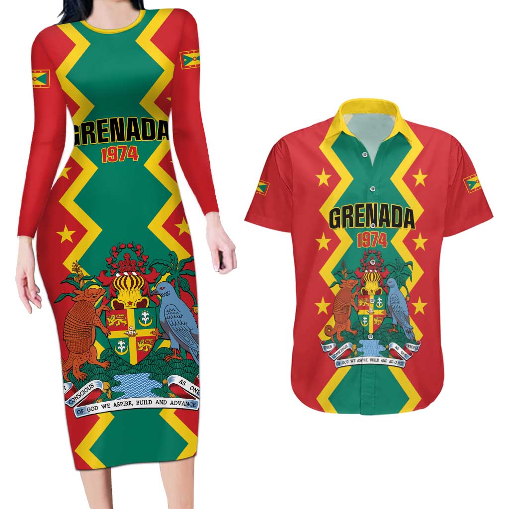 Personalized Grenada 1974 Couples Matching Long Sleeve Bodycon Dress and Hawaiian Shirt Proud To Be Grenadian