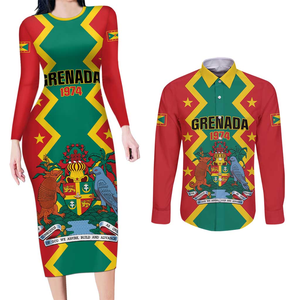 Personalized Grenada 1974 Couples Matching Long Sleeve Bodycon Dress and Long Sleeve Button Shirt Proud To Be Grenadian