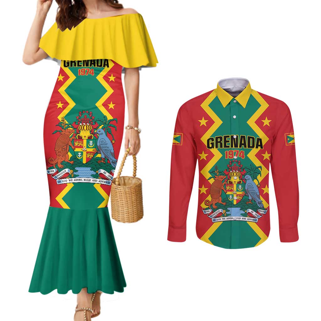 Personalized Grenada 1974 Couples Matching Mermaid Dress and Long Sleeve Button Shirt Proud To Be Grenadian
