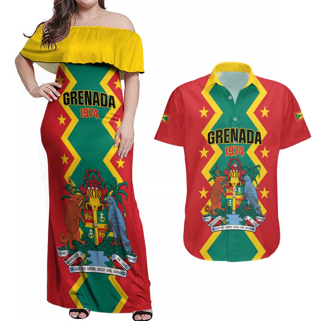 Personalized Grenada 1974 Couples Matching Off Shoulder Maxi Dress and Hawaiian Shirt Proud To Be Grenadian