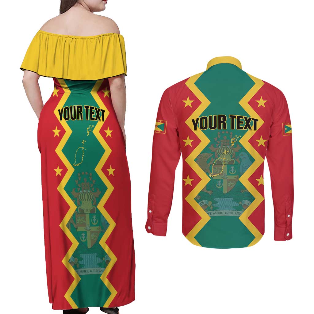 Personalized Grenada 1974 Couples Matching Off Shoulder Maxi Dress and Long Sleeve Button Shirt Proud To Be Grenadian