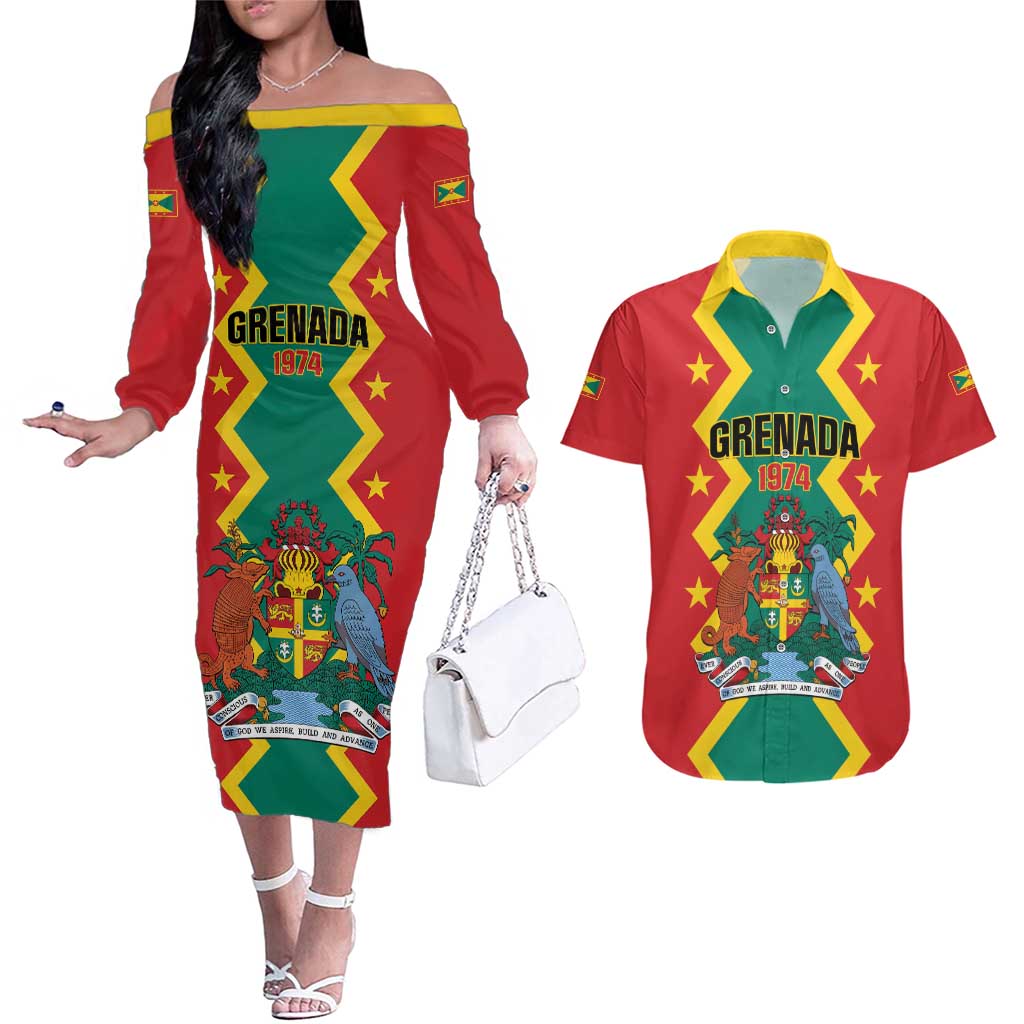 Personalized Grenada 1974 Couples Matching Off The Shoulder Long Sleeve Dress and Hawaiian Shirt Proud To Be Grenadian
