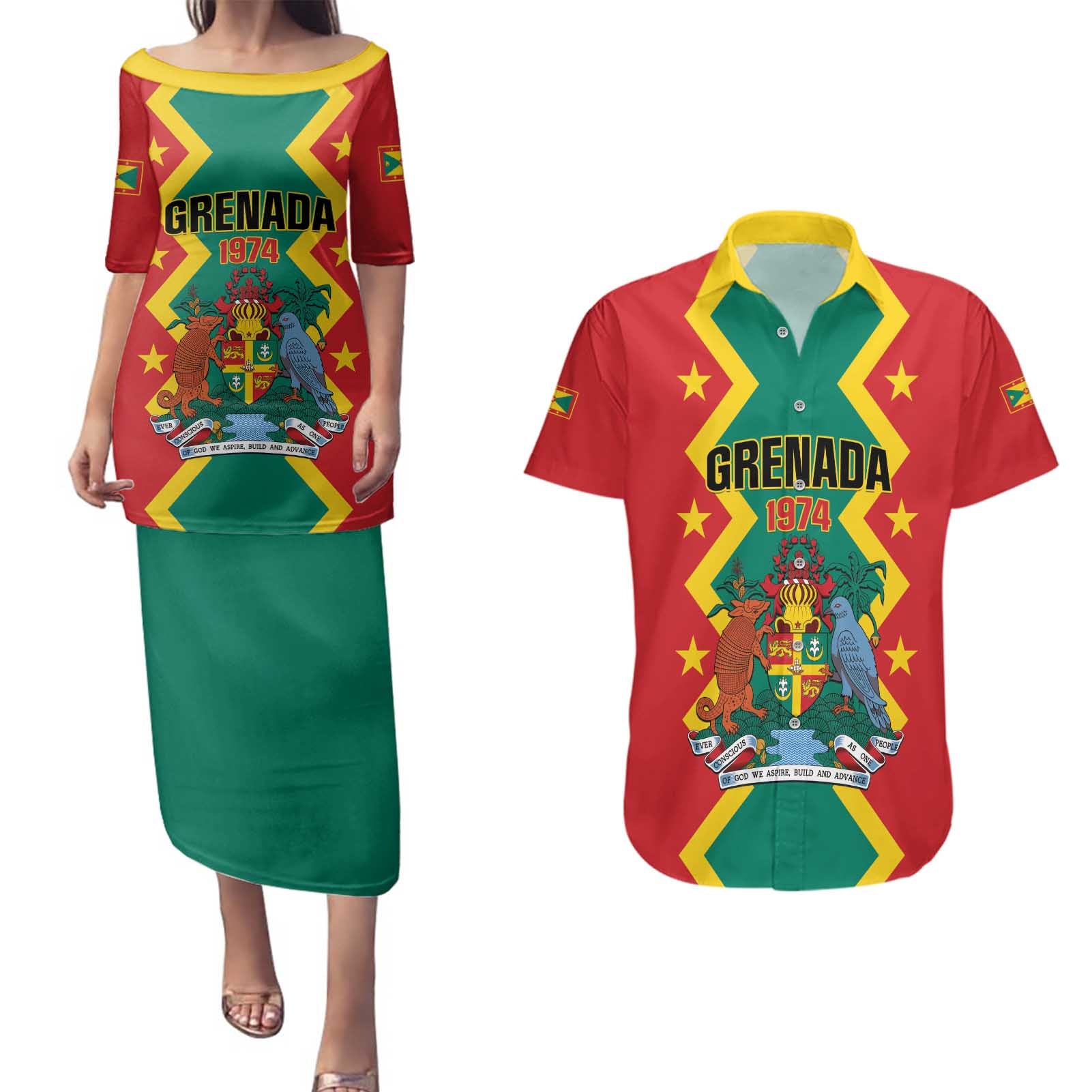 Personalized Grenada 1974 Couples Matching Puletasi and Hawaiian Shirt Proud To Be Grenadian