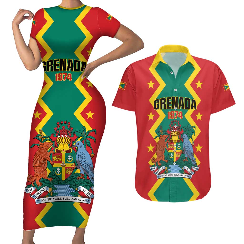 Personalized Grenada 1974 Couples Matching Short Sleeve Bodycon Dress and Hawaiian Shirt Proud To Be Grenadian