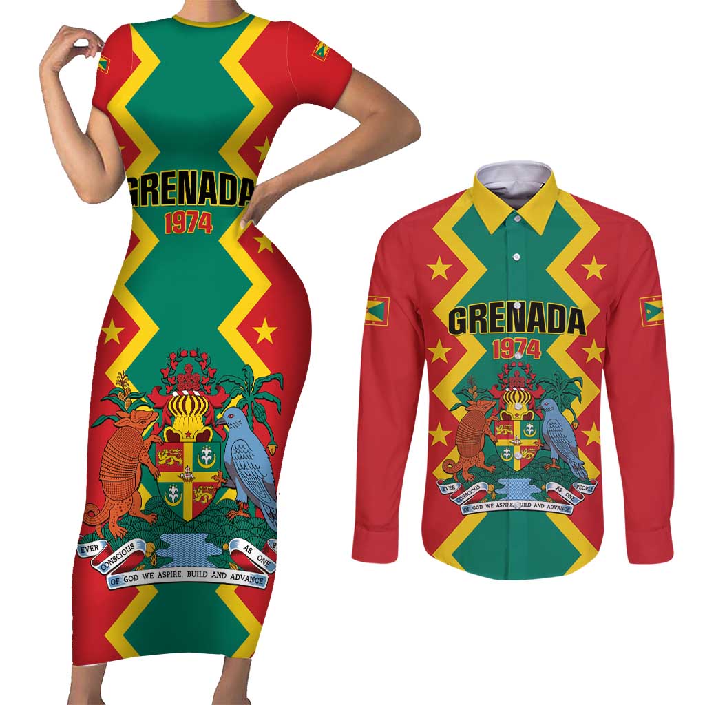 Personalized Grenada 1974 Couples Matching Short Sleeve Bodycon Dress and Long Sleeve Button Shirt Proud To Be Grenadian