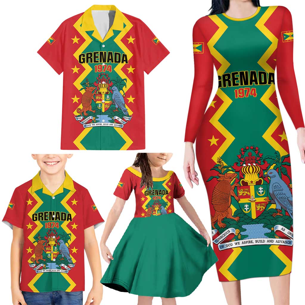 Personalized Grenada 1974 Family Matching Long Sleeve Bodycon Dress and Hawaiian Shirt Proud To Be Grenadian