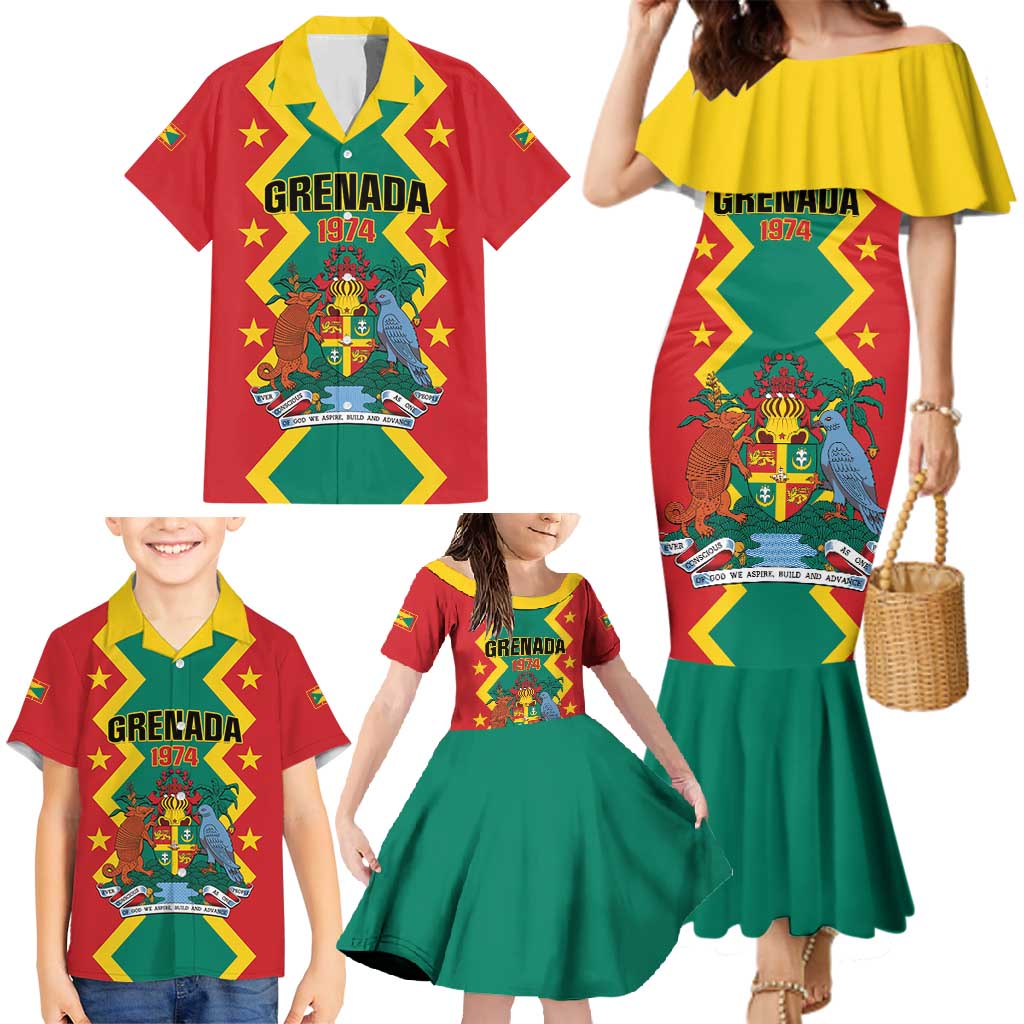Personalized Grenada 1974 Family Matching Mermaid Dress and Hawaiian Shirt Proud To Be Grenadian