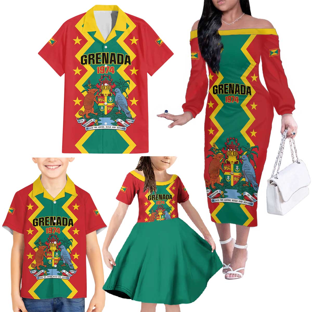 Personalized Grenada 1974 Family Matching Off The Shoulder Long Sleeve Dress and Hawaiian Shirt Proud To Be Grenadian