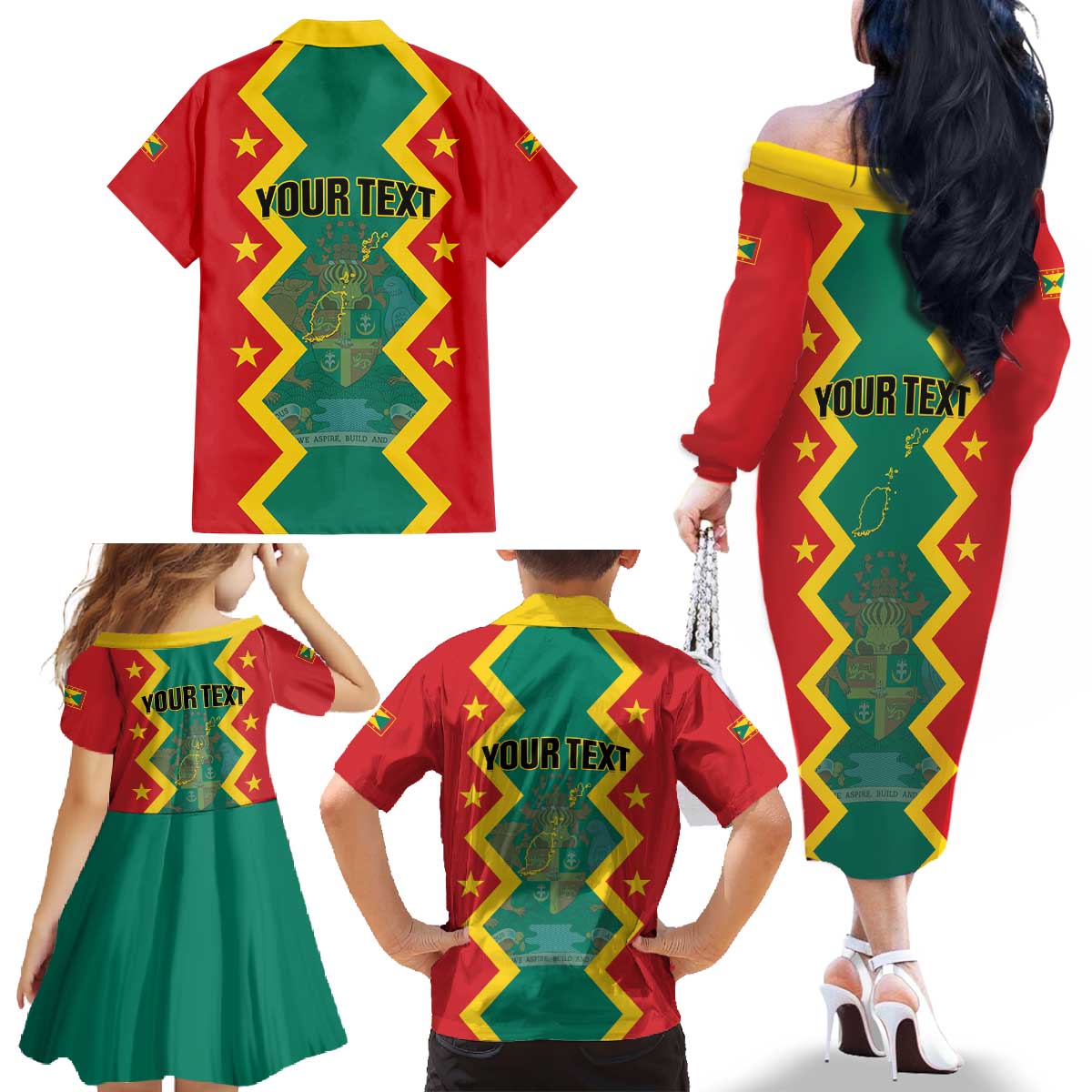 Personalized Grenada 1974 Family Matching Off The Shoulder Long Sleeve Dress and Hawaiian Shirt Proud To Be Grenadian
