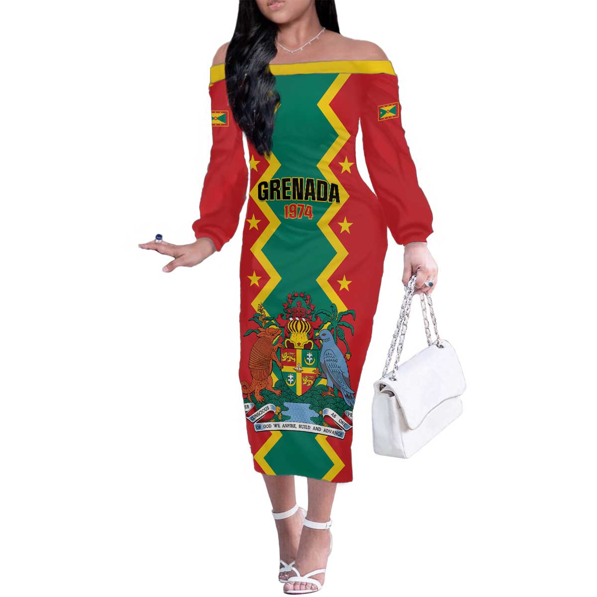 Personalized Grenada 1974 Family Matching Off The Shoulder Long Sleeve Dress and Hawaiian Shirt Proud To Be Grenadian
