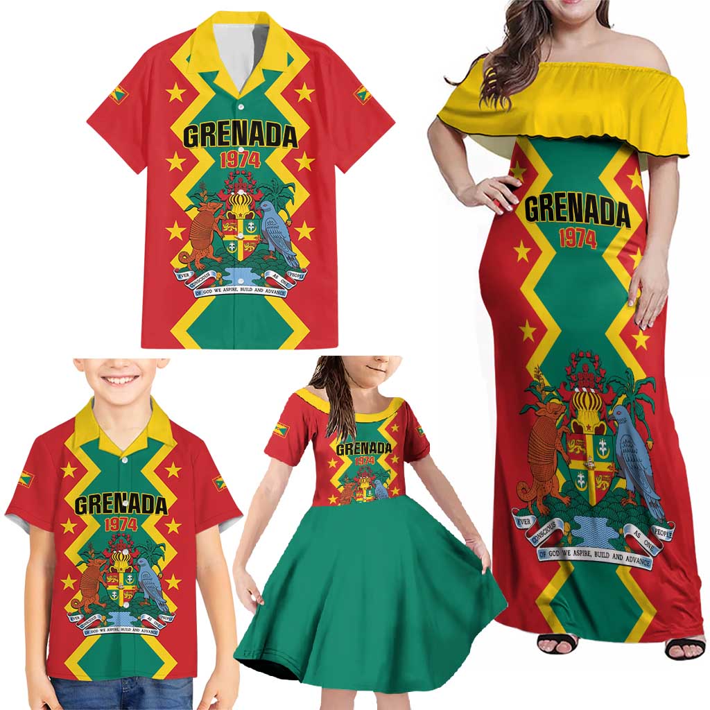 Personalized Grenada 1974 Family Matching Off Shoulder Maxi Dress and Hawaiian Shirt Proud To Be Grenadian