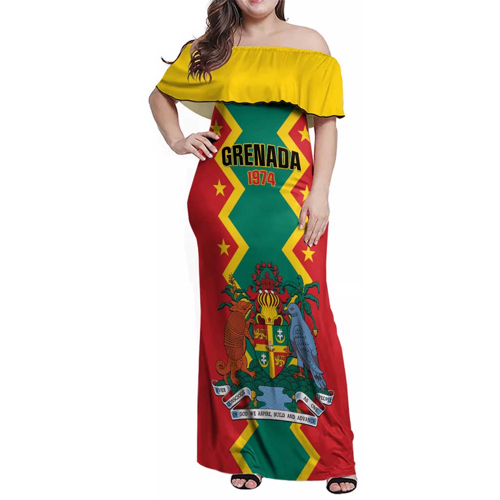 Personalized Grenada 1974 Family Matching Off Shoulder Maxi Dress and Hawaiian Shirt Proud To Be Grenadian