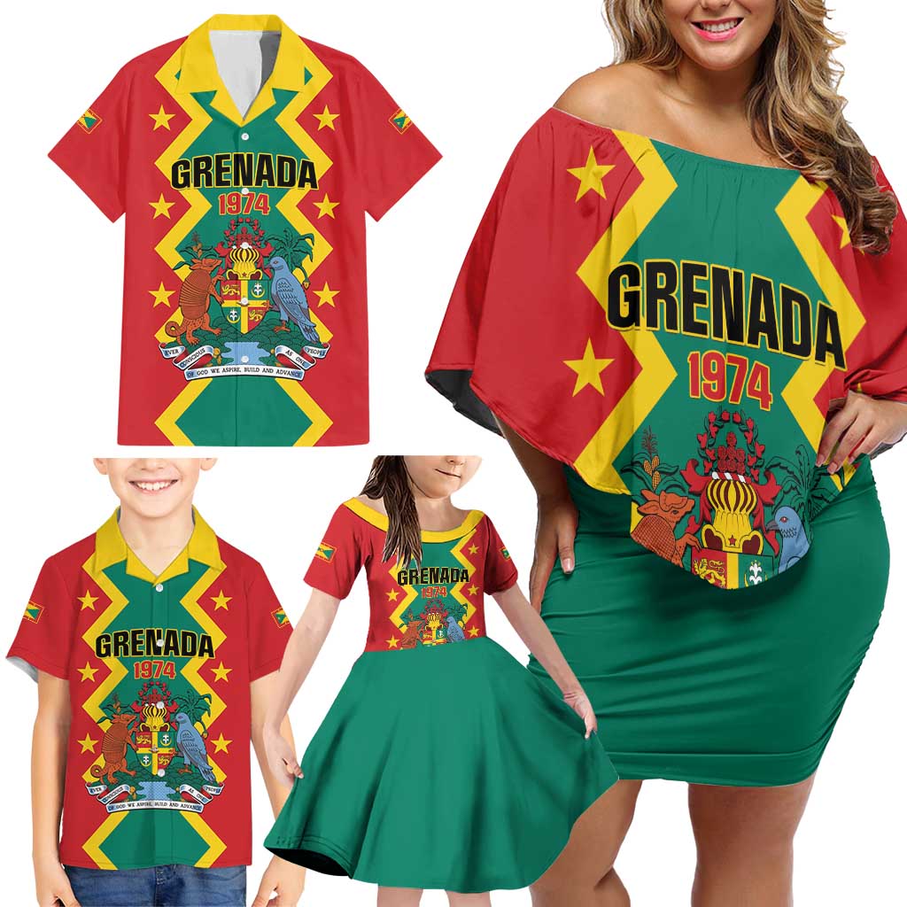 Personalized Grenada 1974 Family Matching Off Shoulder Short Dress and Hawaiian Shirt Proud To Be Grenadian