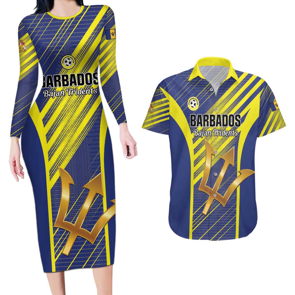 Custom Barbados Football Couples Matching Long Sleeve Bodycon Dress and Hawaiian Shirt Go Champions Bajan Tridents