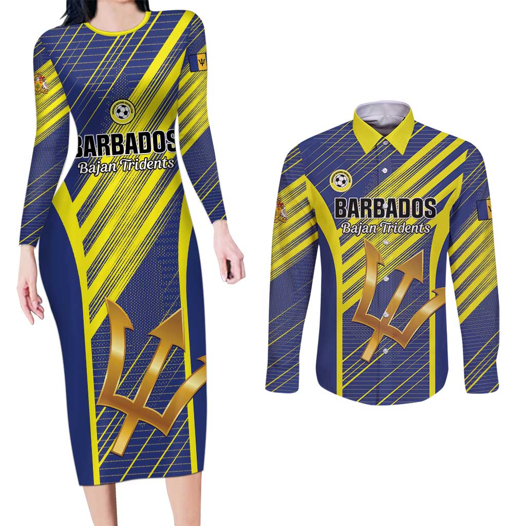 Custom Barbados Football Couples Matching Long Sleeve Bodycon Dress and Long Sleeve Button Shirt Go Champions Bajan Tridents