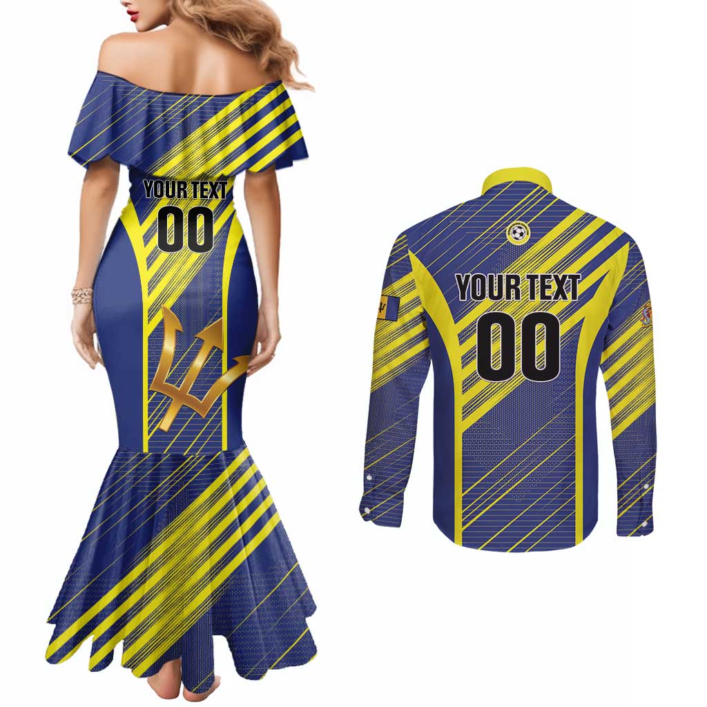 Custom Barbados Football Couples Matching Mermaid Dress and Long Sleeve Button Shirt Go Champions Bajan Tridents