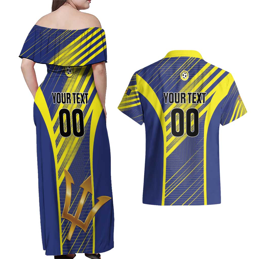 Custom Barbados Football Couples Matching Off Shoulder Maxi Dress and Hawaiian Shirt Go Champions Bajan Tridents