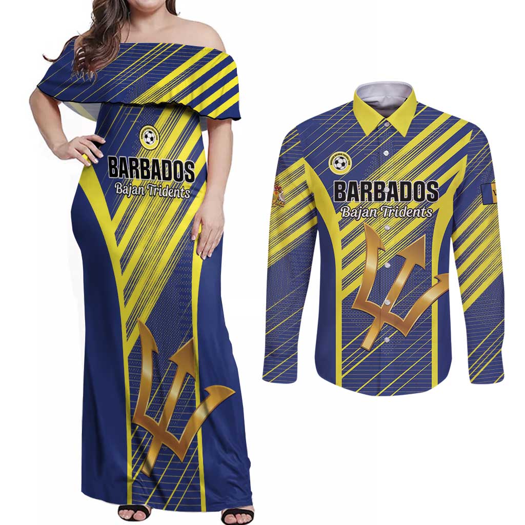 Custom Barbados Football Couples Matching Off Shoulder Maxi Dress and Long Sleeve Button Shirt Go Champions Bajan Tridents