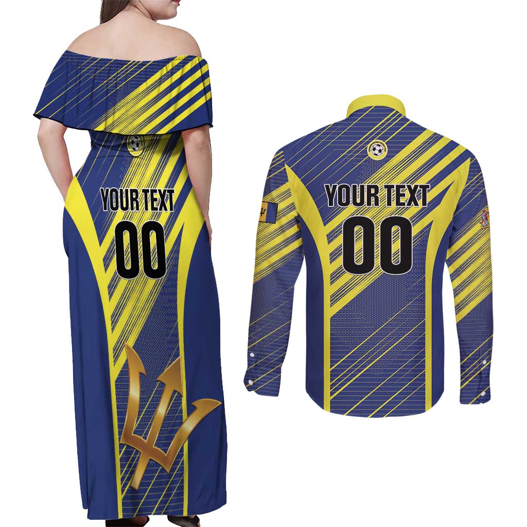 Custom Barbados Football Couples Matching Off Shoulder Maxi Dress and Long Sleeve Button Shirt Go Champions Bajan Tridents
