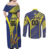Custom Barbados Football Couples Matching Off Shoulder Maxi Dress and Long Sleeve Button Shirt Go Champions Bajan Tridents