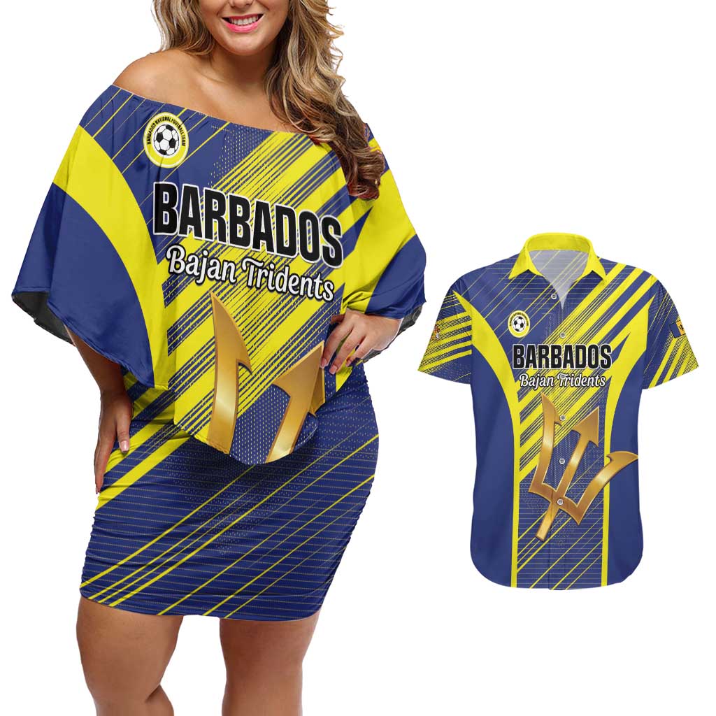 Custom Barbados Football Couples Matching Off Shoulder Short Dress and Hawaiian Shirt Go Champions Bajan Tridents