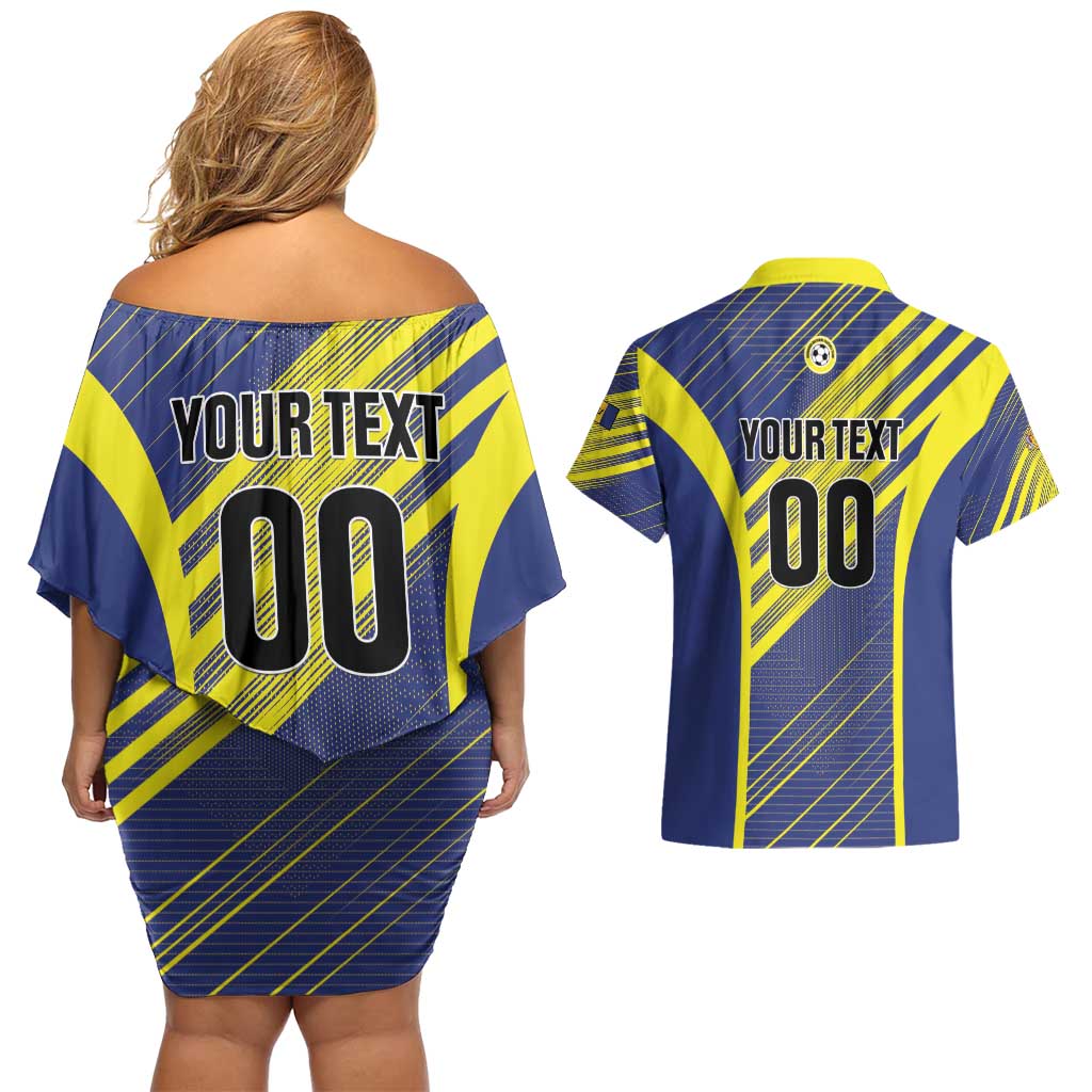 Custom Barbados Football Couples Matching Off Shoulder Short Dress and Hawaiian Shirt Go Champions Bajan Tridents