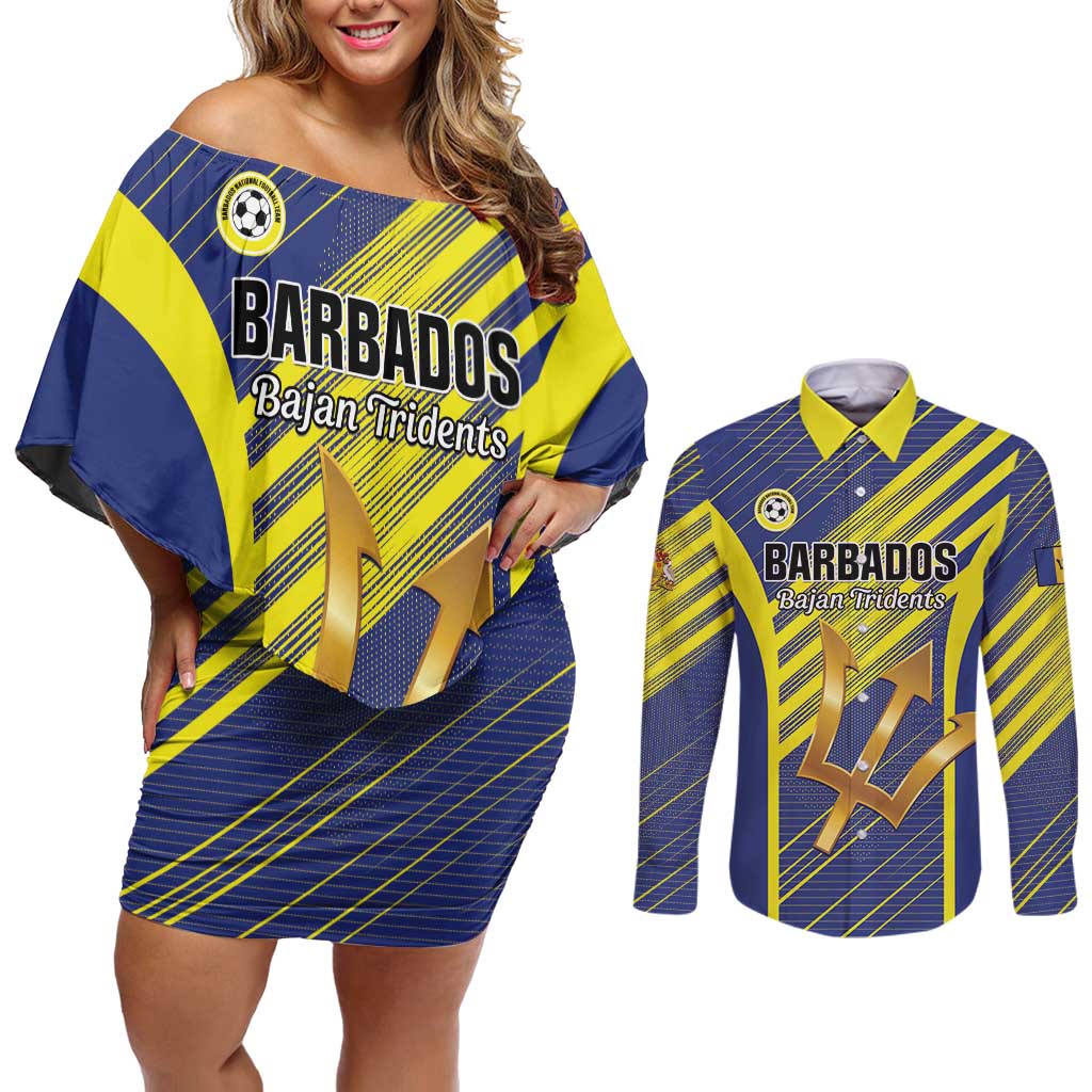 Custom Barbados Football Couples Matching Off Shoulder Short Dress and Long Sleeve Button Shirt Go Champions Bajan Tridents