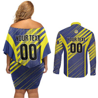 Custom Barbados Football Couples Matching Off Shoulder Short Dress and Long Sleeve Button Shirt Go Champions Bajan Tridents