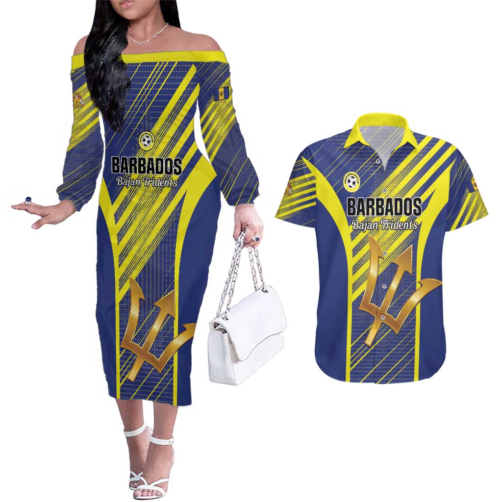 Custom Barbados Football Couples Matching Off The Shoulder Long Sleeve Dress and Hawaiian Shirt Go Champions Bajan Tridents