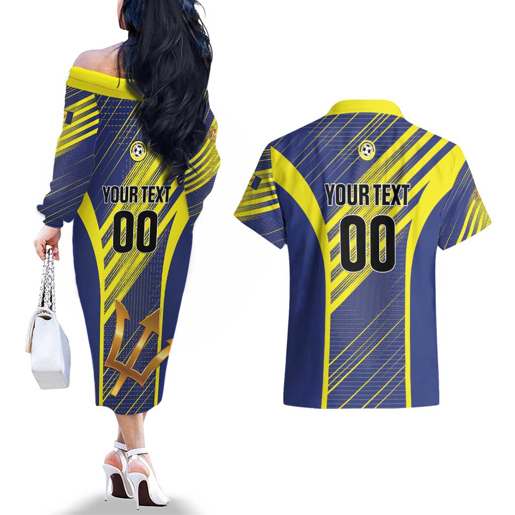 Custom Barbados Football Couples Matching Off The Shoulder Long Sleeve Dress and Hawaiian Shirt Go Champions Bajan Tridents