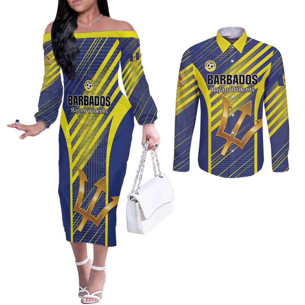 Custom Barbados Football Couples Matching Off The Shoulder Long Sleeve Dress and Long Sleeve Button Shirt Go Champions Bajan Tridents