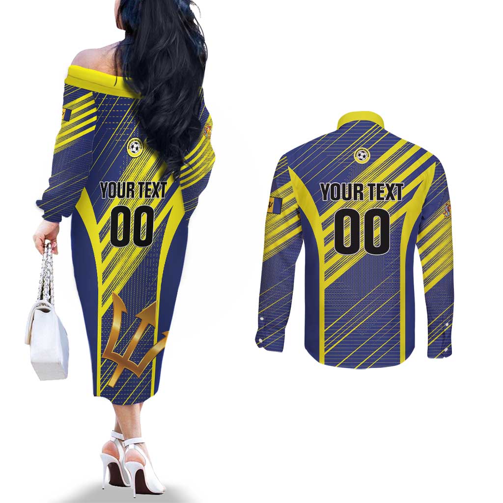 Custom Barbados Football Couples Matching Off The Shoulder Long Sleeve Dress and Long Sleeve Button Shirt Go Champions Bajan Tridents