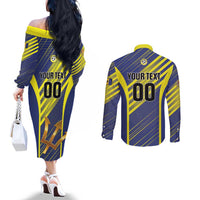 Custom Barbados Football Couples Matching Off The Shoulder Long Sleeve Dress and Long Sleeve Button Shirt Go Champions Bajan Tridents