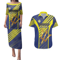 Custom Barbados Football Couples Matching Puletasi and Hawaiian Shirt Go Champions Bajan Tridents