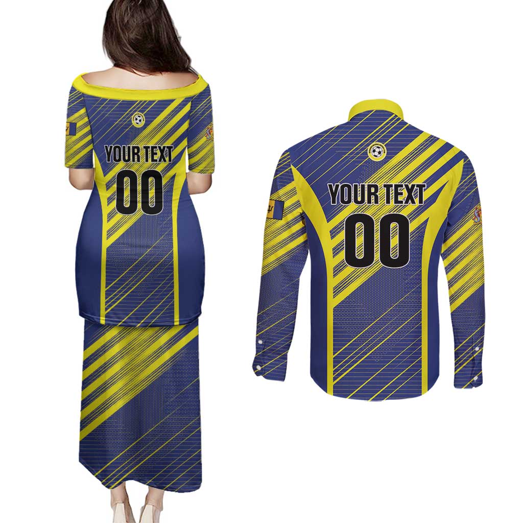 Custom Barbados Football Couples Matching Puletasi and Long Sleeve Button Shirt Go Champions Bajan Tridents