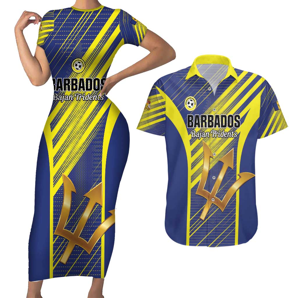 Custom Barbados Football Couples Matching Short Sleeve Bodycon Dress and Hawaiian Shirt Go Champions Bajan Tridents